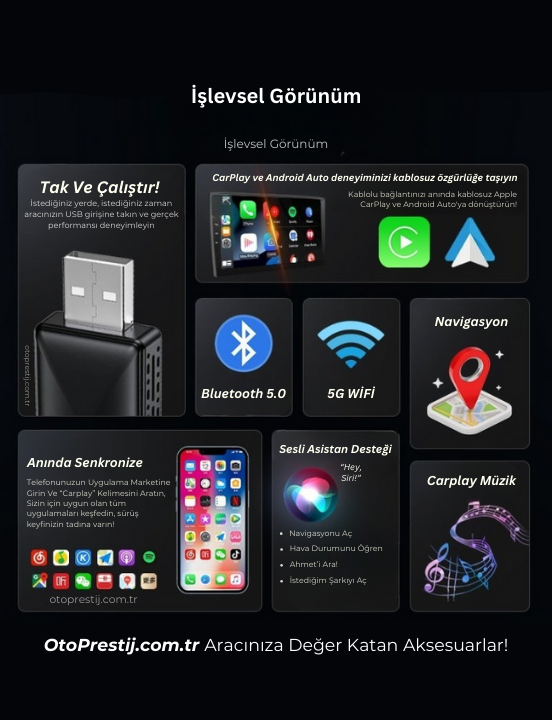 Kablolu'dan Kablosuza CarPlay Aksesuarı – Kablosuz Bağlantı ve Uygulama Erişimi™